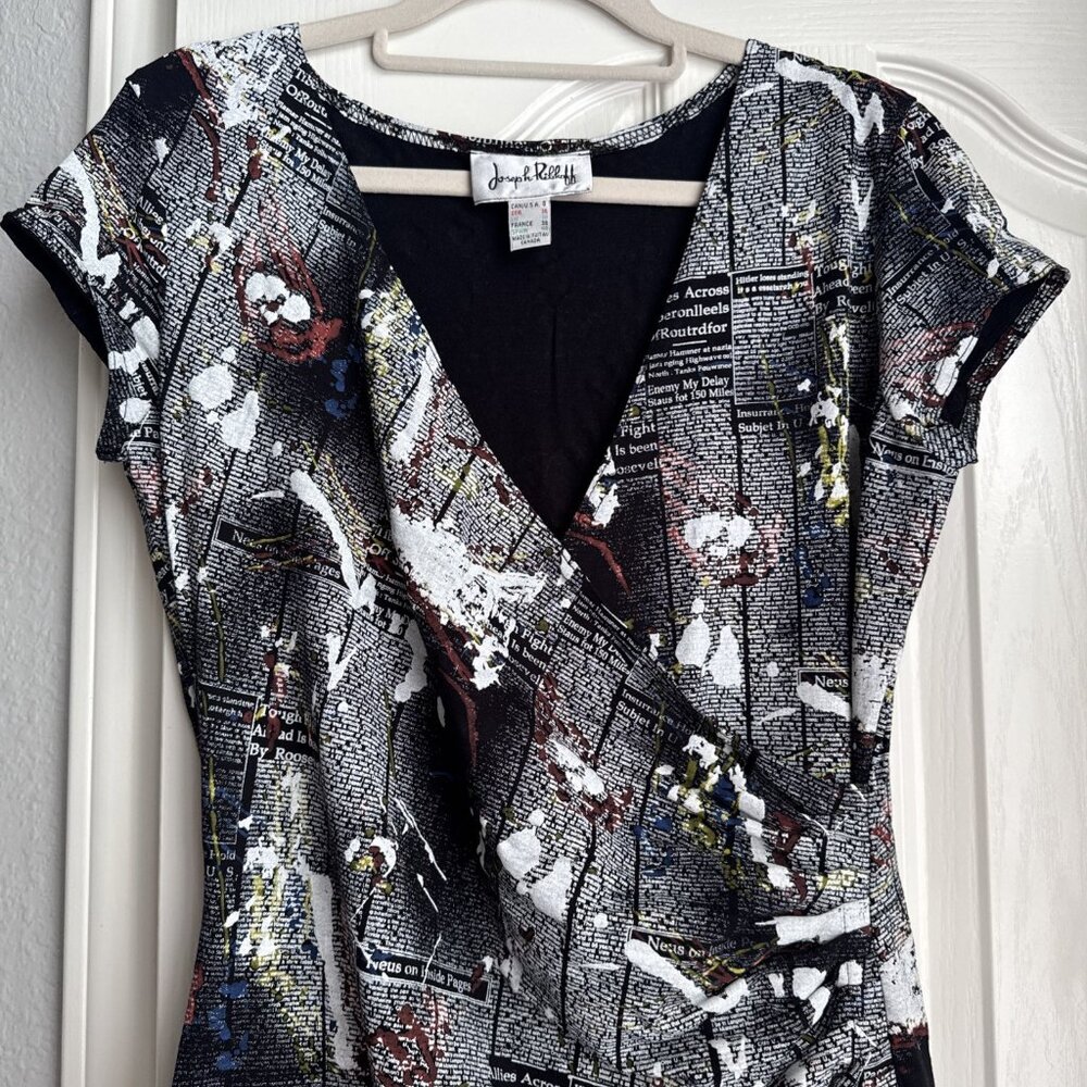 Joseph Ribkoff Newspaper Splash Black White Short Sleeve Faux Wrap Dress Size 8 - Picture 4 of 7